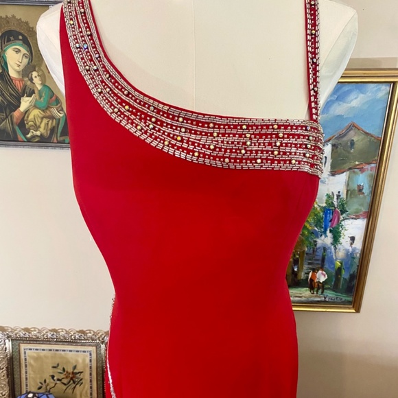 Ladies Size Large Beaded Red Formal Dress - Picture 3 of 8